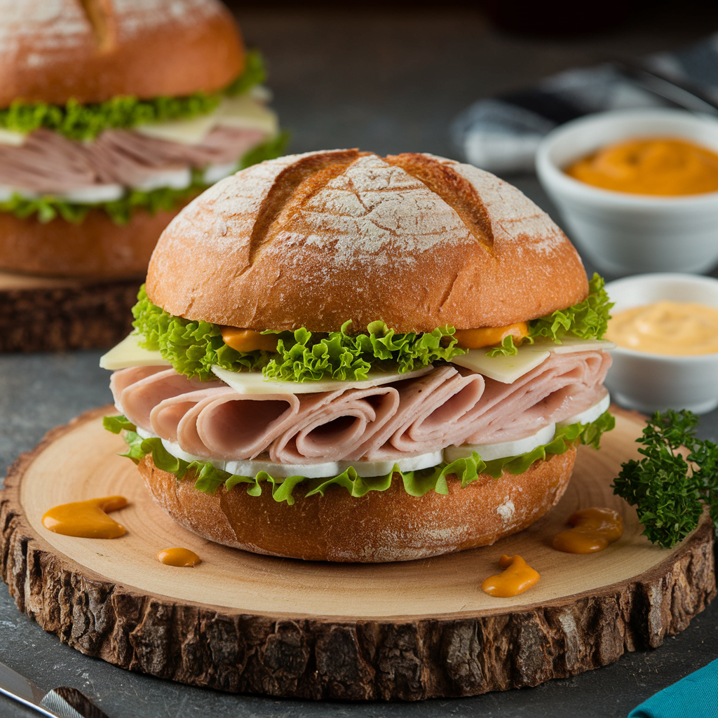 A classic knob sandwich featuring a crusty round bread roll filled with layers of fresh lettuce, sliced ham, creamy cheese, and a drizzle of mustard.