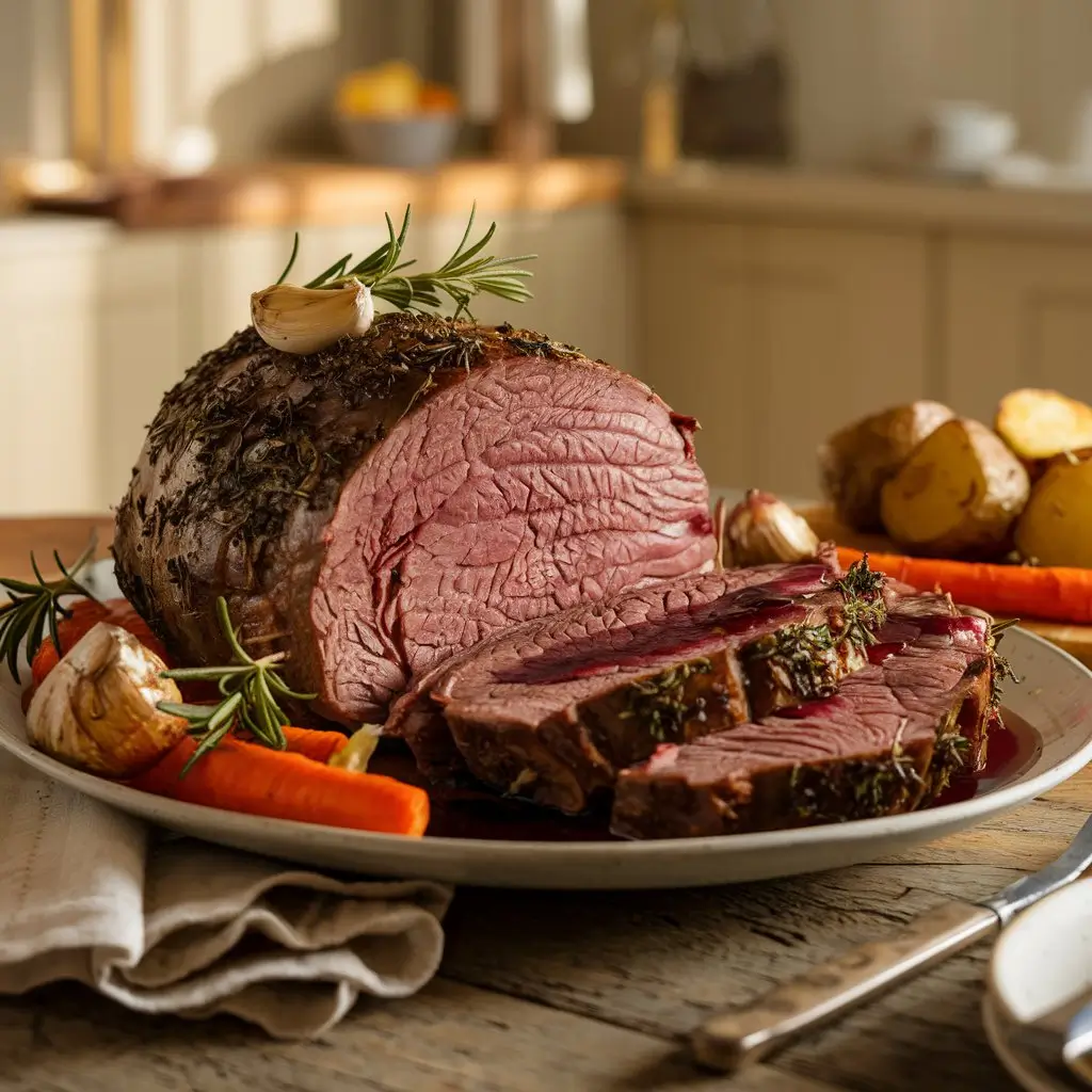 A beautifully plated deer meat roast, sliced to reveal its juicy, medium-rare interior, seasoned with garlic and rosemary. Served with roasted potatoes and carrots, this dish highlights the best of deer meat roast recipes in a cozy, rustic dining setting with warm natural lighting.