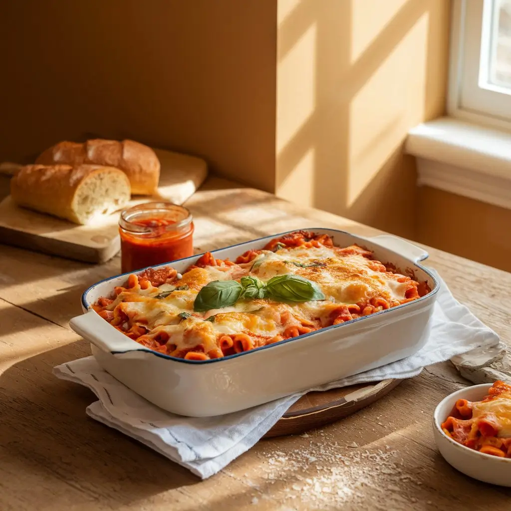A beautifully styled baked ziti recipe no meat served in a white baking dish, topped with golden melted cheese and garnished with fresh basil, placed on a rustic wooden table with warm sunlight streaming through the window. A jar of marinara sauce and a loaf of bread are visible in the background.