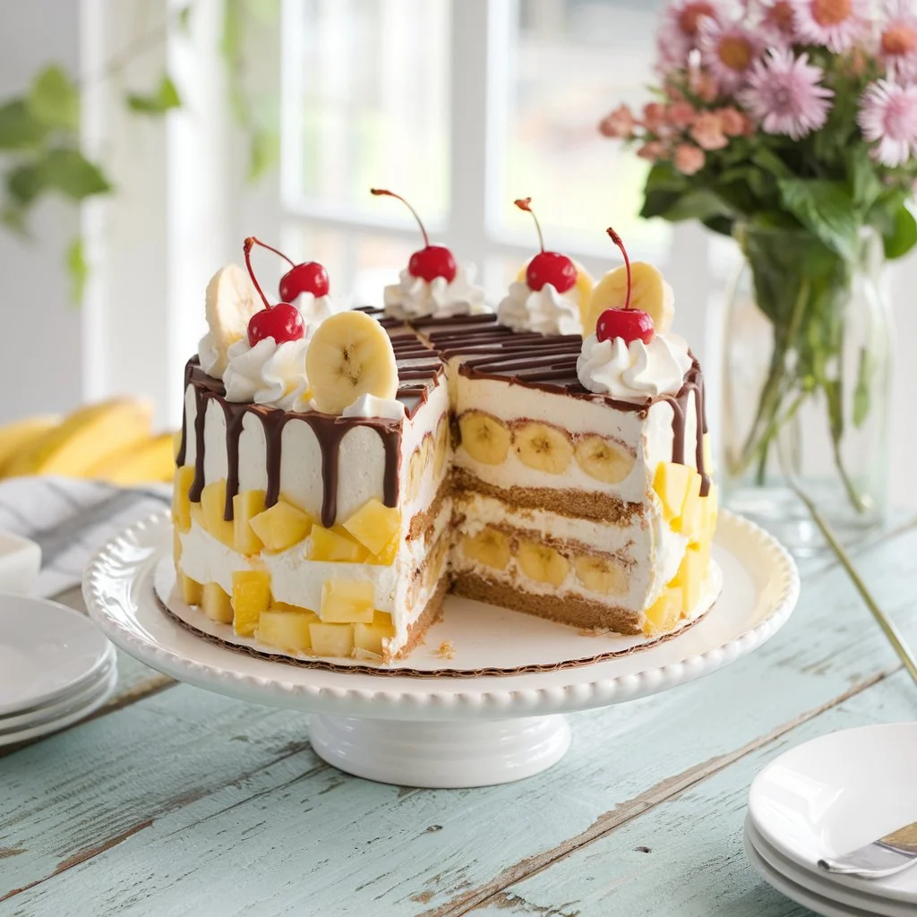 A banana split cake with creamy layers, sliced bananas, whipped cream, pineapple chunks, and maraschino cherries, topped with chocolate drizzle.