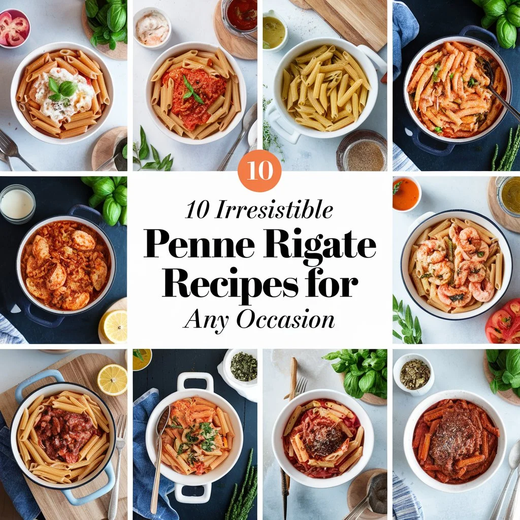 Collage of 10 penne rigate pasta dishes, including creamy Alfredo, pesto, baked mozzarella, and more, with a rustic food presentation.