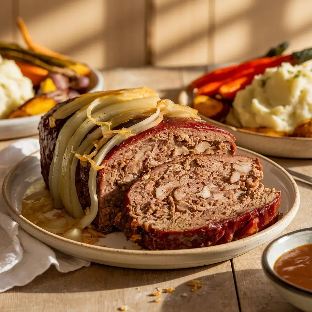 Sliced French Onion Meatloaf with caramelized onions on top, served with mashed potatoes, roasted vegetables, and a side of French onion gravy on a rustic wooden table.
