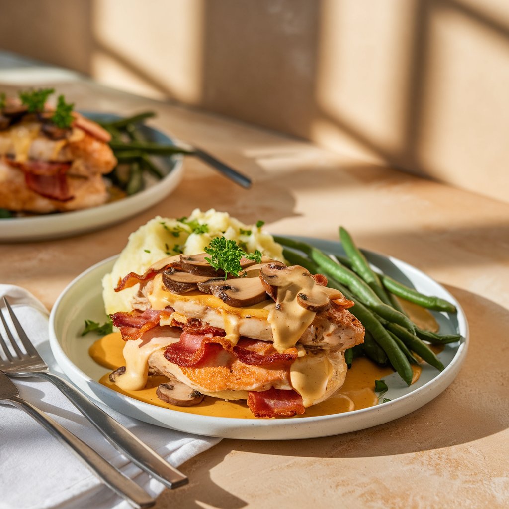 A plate of Alice Springs Chicken topped with crispy bacon, sautéed mushrooms, melted cheese, and honey mustard sauce, served with mashed potatoes and green beans on a warm-toned table.