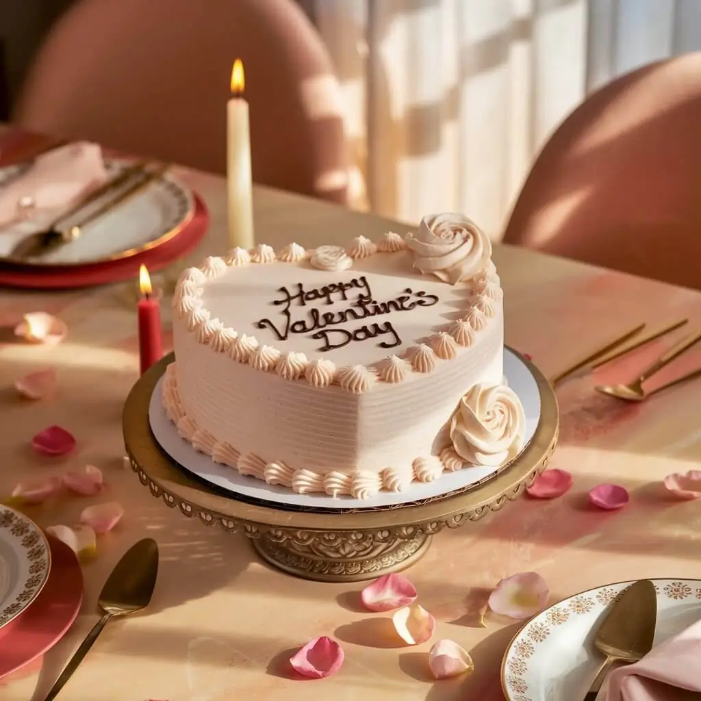 A heart-shaped cake with soft pink frosting and chocolate script reading ‘Happy Valentine’s Day,’ displayed on an ornate cake stand. The table is adorned with rose petals, lit candles, elegant gold cutlery, and vintage-style plates, creating a warm and romantic setting.