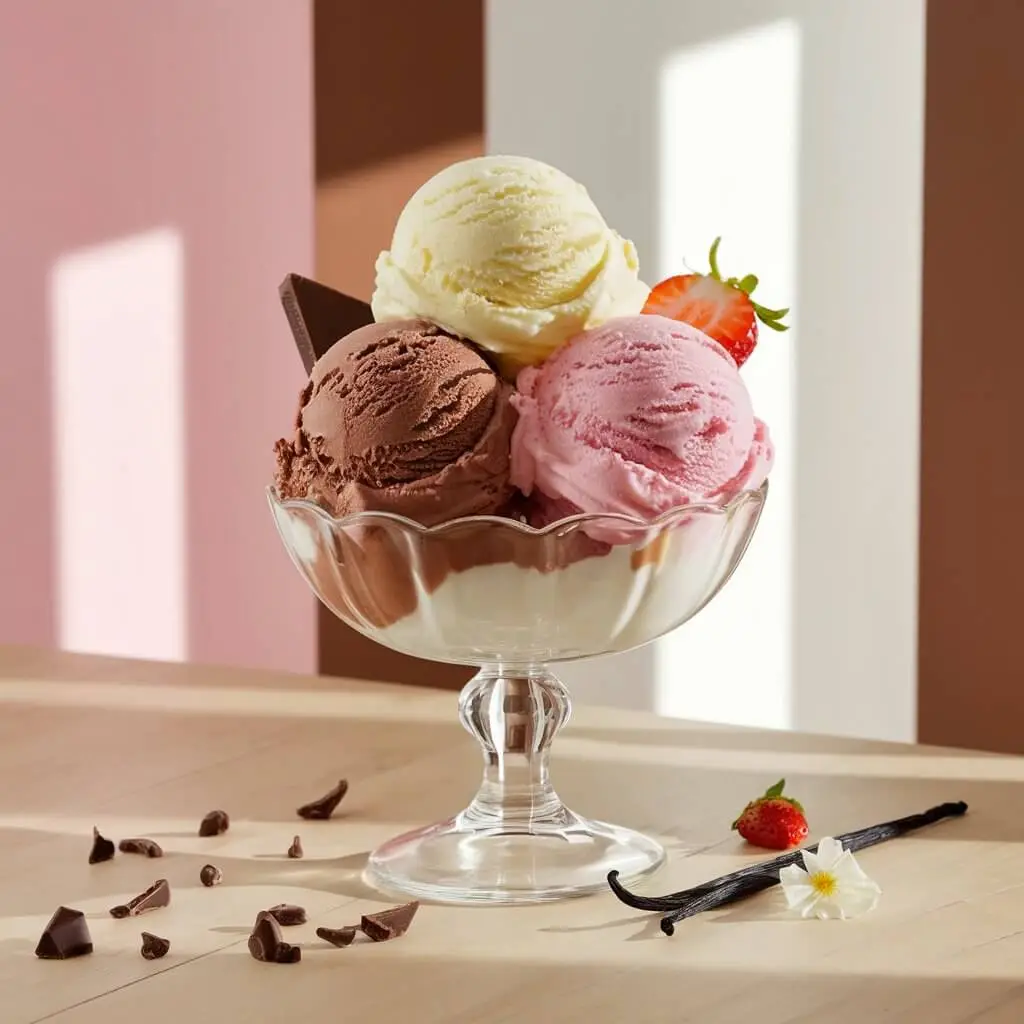 Close-up of a Neapolitan ice cream trio with chocolate, vanilla, and strawberry scoops in a glass dessert bowl, styled with chocolate shavings, fresh strawberries, and a vanilla bean on a wooden table, with soft pastel hues in the background.
