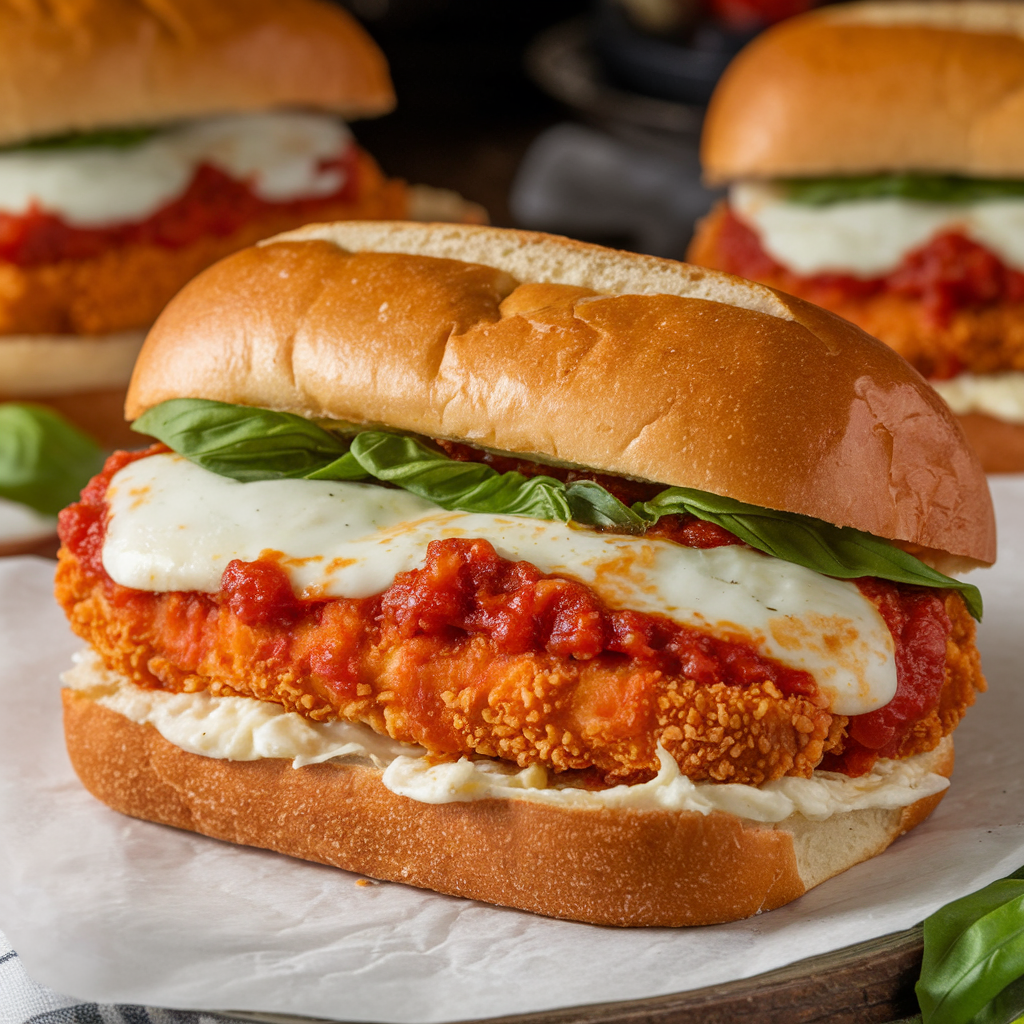 Close-up of a chicken parm sandwich with crispy breaded chicken, marinara sauce, melted mozzarella, and fresh basil on a toasted roll.