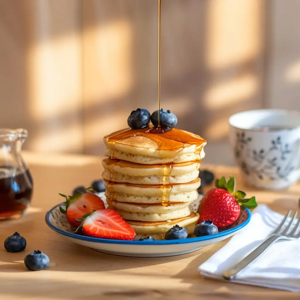 A stack of golden mini pancakes drizzled with maple syrup, garnished with fresh blueberries and strawberries, served on a wooden table with warm sunlight streaming in.