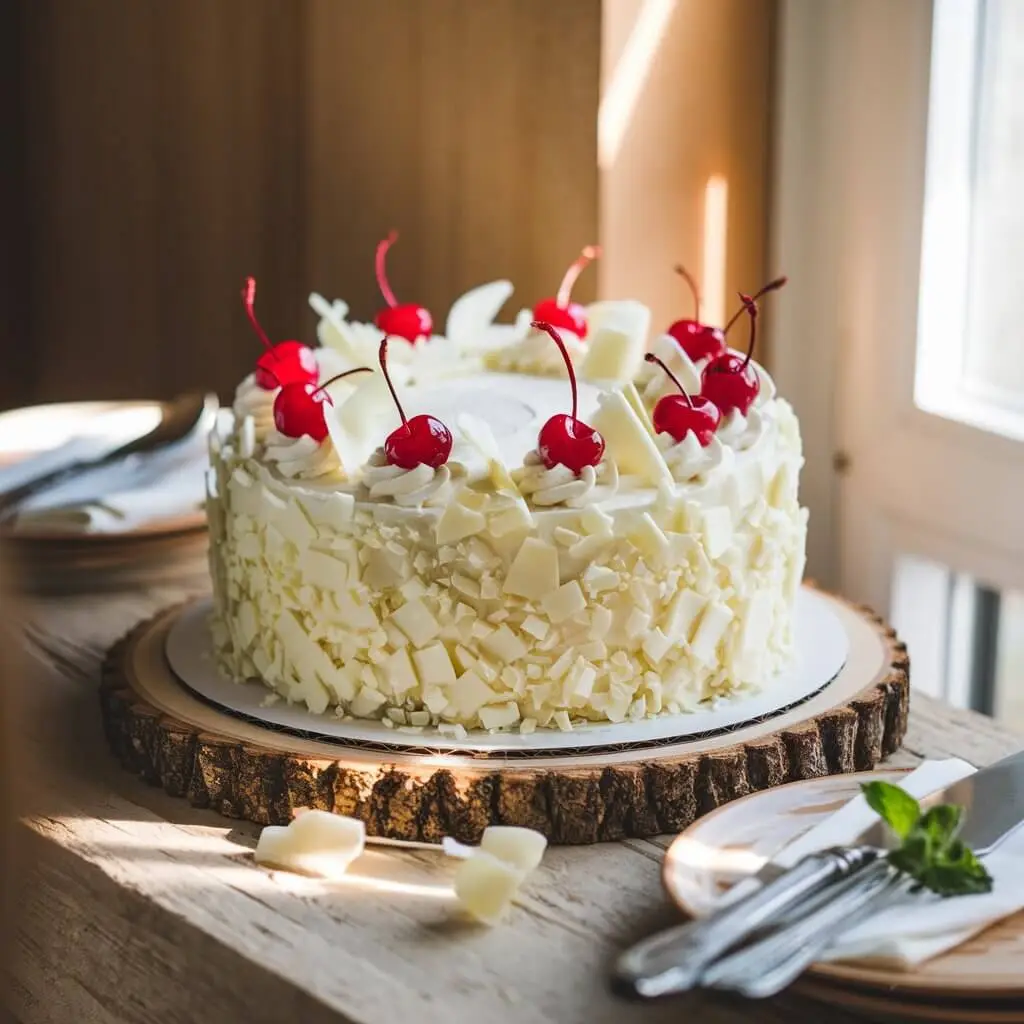 A beautifully decorated White Forest Cake on a rustic wooden table, adorned with fluffy white frosting, delicate white chocolate shavings, and vibrant red cherries. The cozy background features neutral tones of beige and light wood, with sunlight streaming through a nearby window.