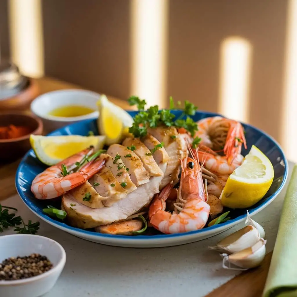 A beautifully plated dish of sautéed chicken and shrimp, garnished with fresh parsley and lemon wedges, with small bowls of spices and olive oil on a warm wooden table.