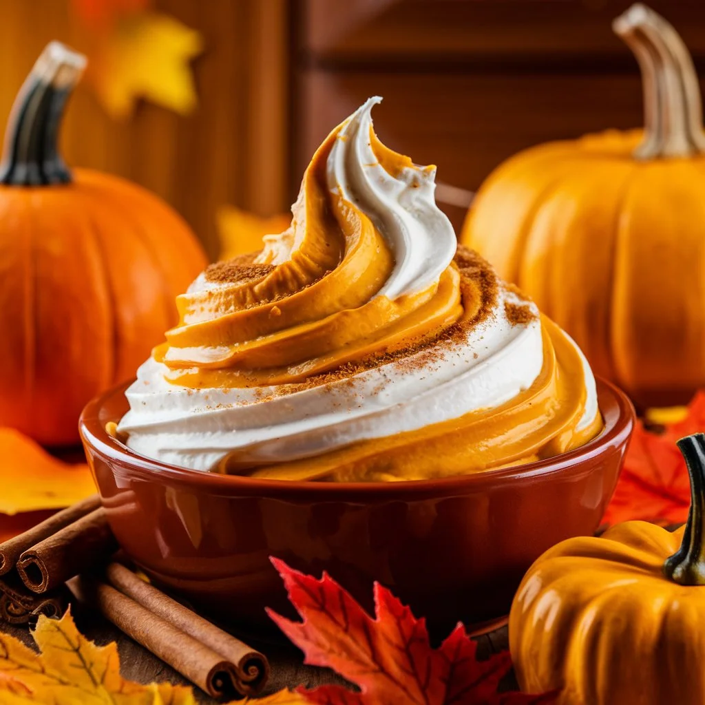 A bowl of pumpkin cream cheese garnished with cinnamon and surrounded by pumpkins, cinnamon sticks, and fall leaves in a cozy autumn setting.