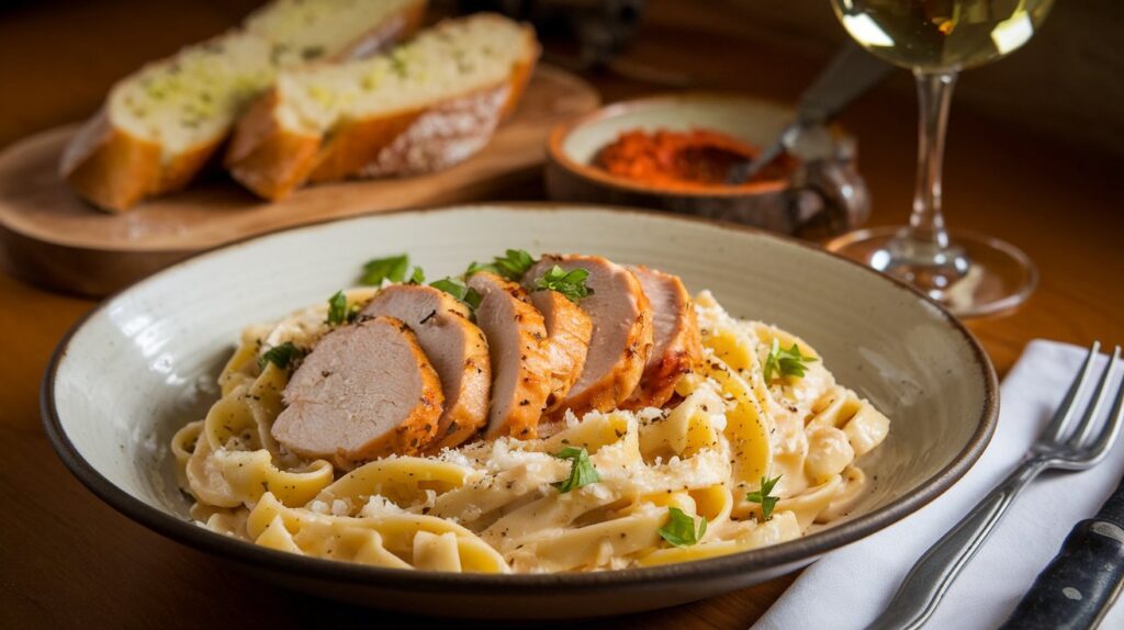 A plate of creamy garlic parmesan chicken pasta garnished with fresh parsley and black pepper, topped with slices of golden brown chicken breast, served alongside garlic bread on a wooden table.