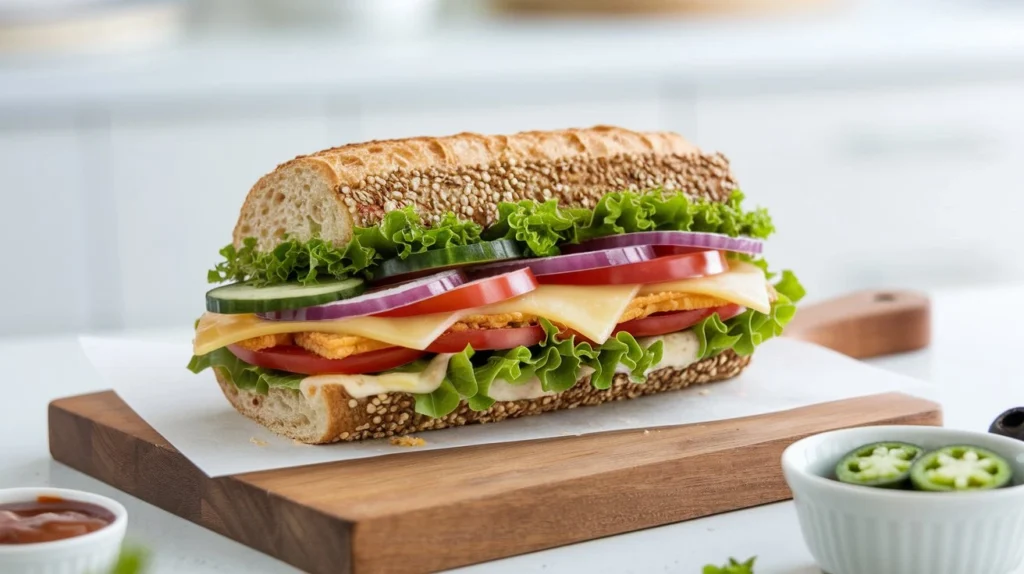 A freshly prepared homemade Subway-style sandwich with layers of crisp lettuce, sliced tomatoes, cucumbers, red onions, cheese, and a sesame seed sub roll, displayed on a wooden cutting board.