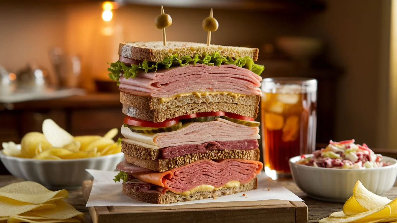 A towering Dagwood sandwich featuring layers of bread, deli meats, cheeses, lettuce, tomato, and pickles, accompanied by potato chips, coleslaw, and iced tea on a rustic wooden table.