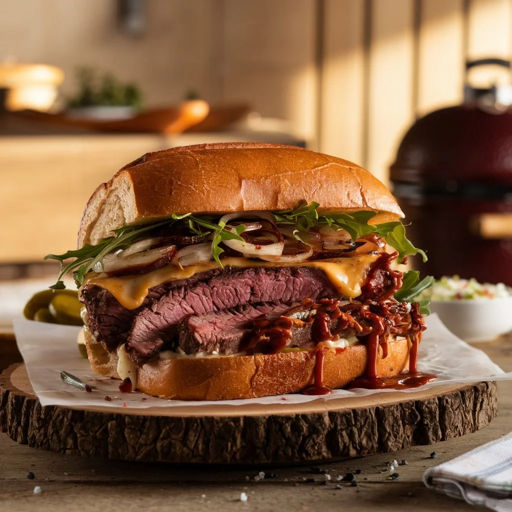 Close-up of a gourmet tri-tip sandwich with juicy grilled tri-tip slices, arugula, caramelized onions, melted cheese, and barbecue sauce on toasted artisan bread, styled on a rustic wooden plate in a cozy BBQ setting.