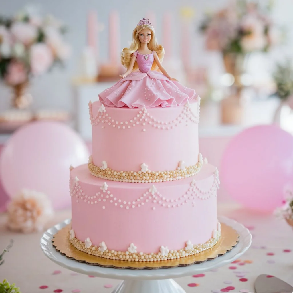 Two-tier pink Barbie-themed cake with a Barbie doll topper in a glittering pink gown and tiara, surrounded by pastel balloons and party decorations.