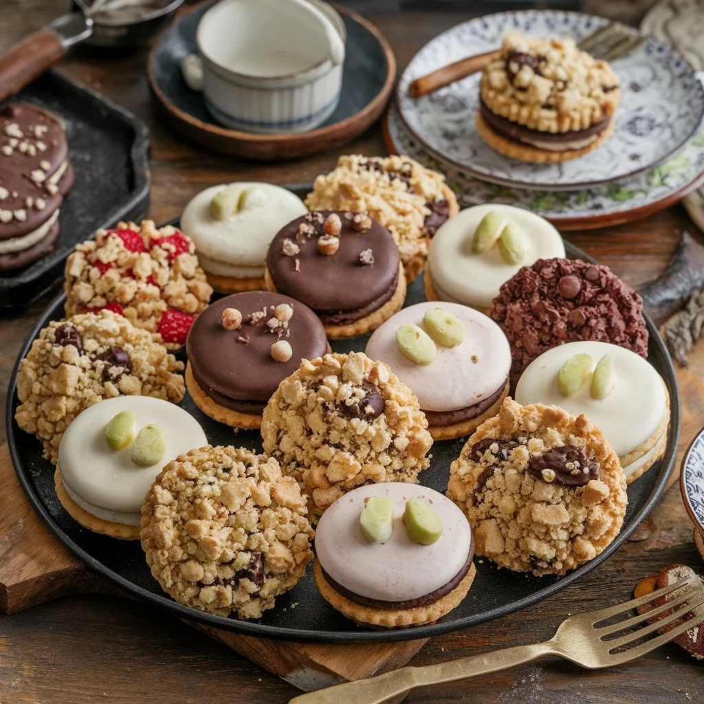 This image showcases a variety of Crumbl Cookie Recipe creations featuring diverse toppings such as chocolate, frosting, and crumble. Presented on a rustic wooden table, these cookies represent the indulgent, bakery-style quality of homemade recipes.