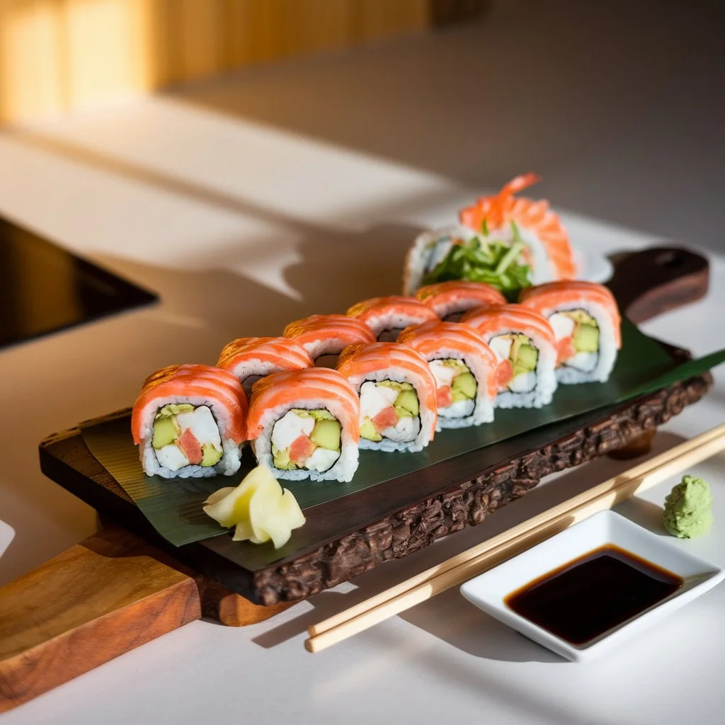 A beautifully arranged Boston Roll sushi on a dark wooden board, featuring shrimp, avocado, and cucumber wrapped in sushi rice and nori. A small dish of soy sauce, wasabi, and pickled ginger accompany the roll, with warm kitchen lighting enhancing the presentation.