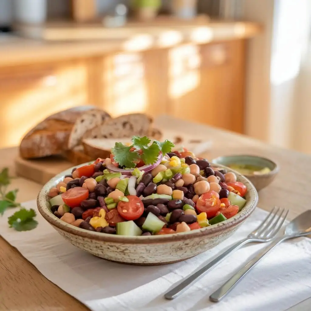A vibrant dense bean salad in a rustic ceramic bowl, featuring black beans, chickpeas, kidney beans, cherry tomatoes, cucumbers, and red onions, drizzled with olive oil and lemon dressing. The salad is placed on a wooden kitchen counter with natural light streaming in, creating a fresh and inviting atmosphere.