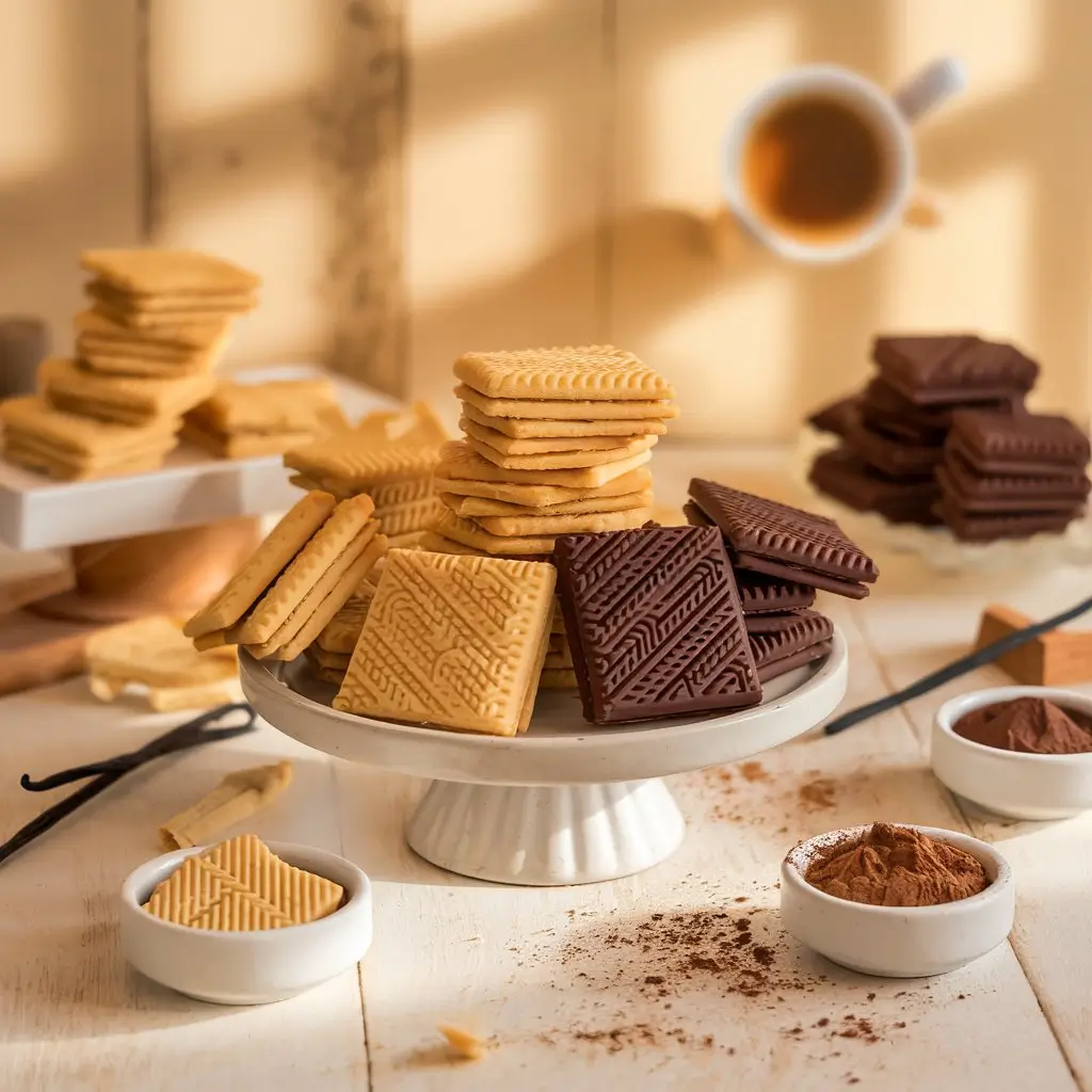A close-up of stacked vanilla and chocolate wafer cookies on a rustic white cake stand, with small bowls of cocoa powder and vanilla beans scattered around, set in a softly lit kitchen.
