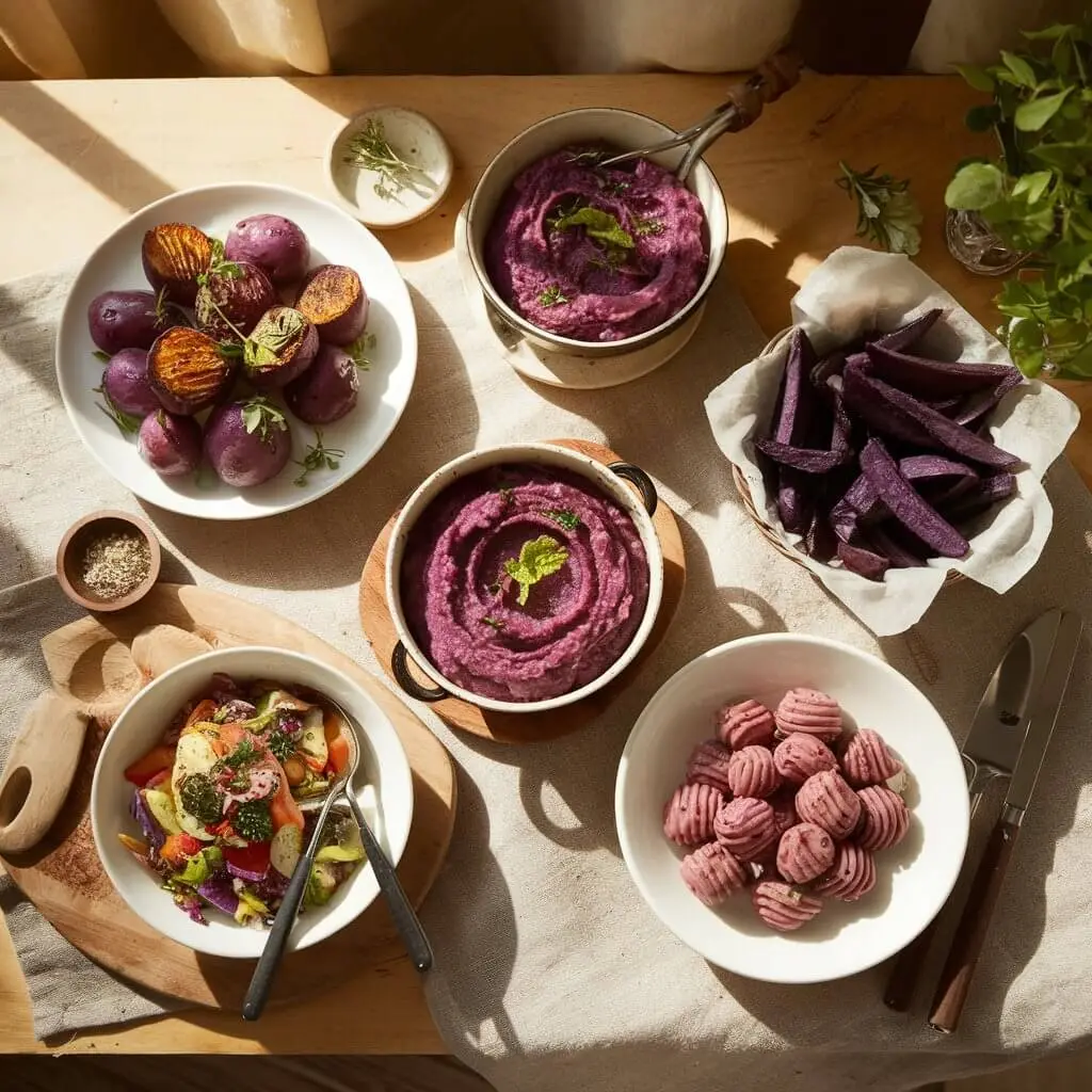 A beautifully arranged food flat lay featuring five delicious purple potato dishes, including roasted potatoes, mashed potatoes, baked fries, potato salad, and homemade gnocchi, all presented on a rustic wooden table with warm natural lighting.