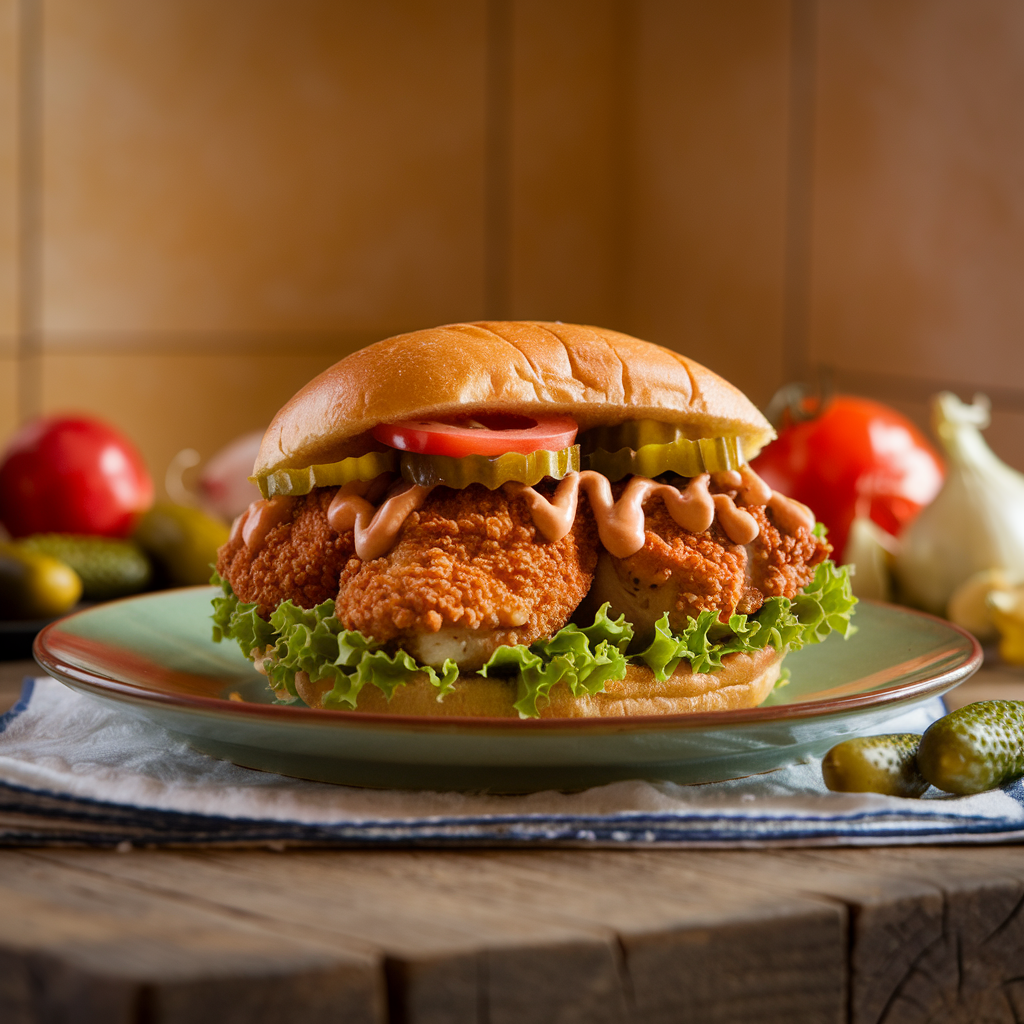 Spicy chicken sandwich with crispy chicken thighs, lettuce, pickles, and spicy mayo in a cozy rustic kitchen setting, with soft natural light illuminating the scene.