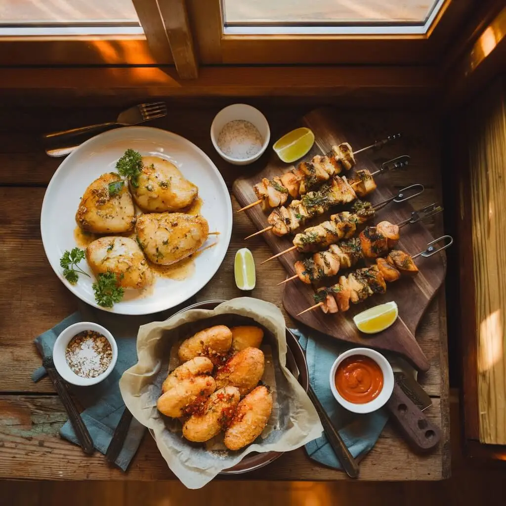A beautifully arranged top-down shot featuring three distinct chicken heart dishes—garlic butter pan-fried chicken hearts on a white plate, Brazilian grilled chicken heart skewers on a wooden board with lime wedges, and crispy air-fried chicken hearts in a parchment-lined bowl. The setting is a cozy rustic kitchen with warm natural lighting.
