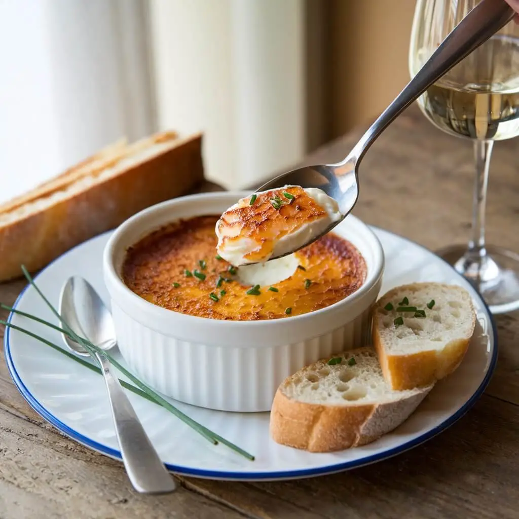 Gourmet Crab Brulee Recipe served in a white ramekin with a golden caramelized crust, garnished with chives, alongside toasted baguette slices and a glass of white wine.