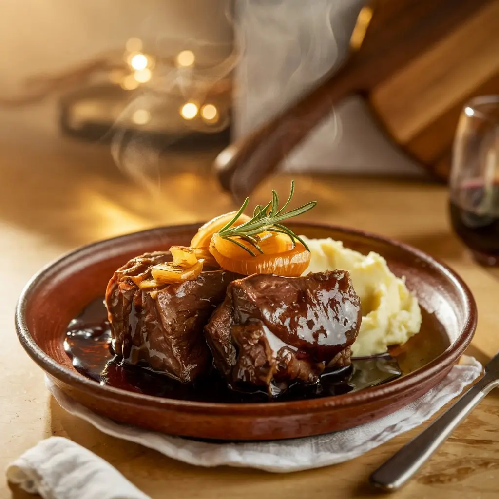 A beautifully plated dish of slow-braised beef cheeks coated in a rich red wine reduction, served with creamy mashed potatoes and caramelized onions, garnished with a sprig of fresh rosemary, in a warm, cozy dining setting.
