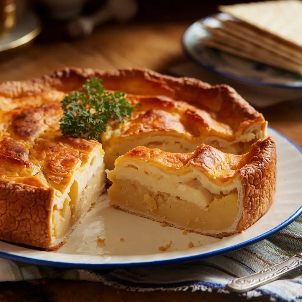 A beautifully plated Passover Potato Pie with a golden, crispy crust, sliced to reveal its tender potato filling. The dish is garnished with fresh parsley and served on a rustic table with matzo in the background.
