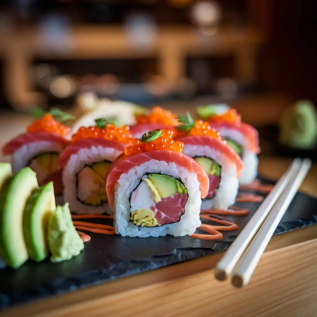 A close-up of Masago sushi rolls topped with bright orange fish roe, served on a black slate plate with avocado, cucumber, and spicy mayo drizzle in a cozy sushi bar setting.