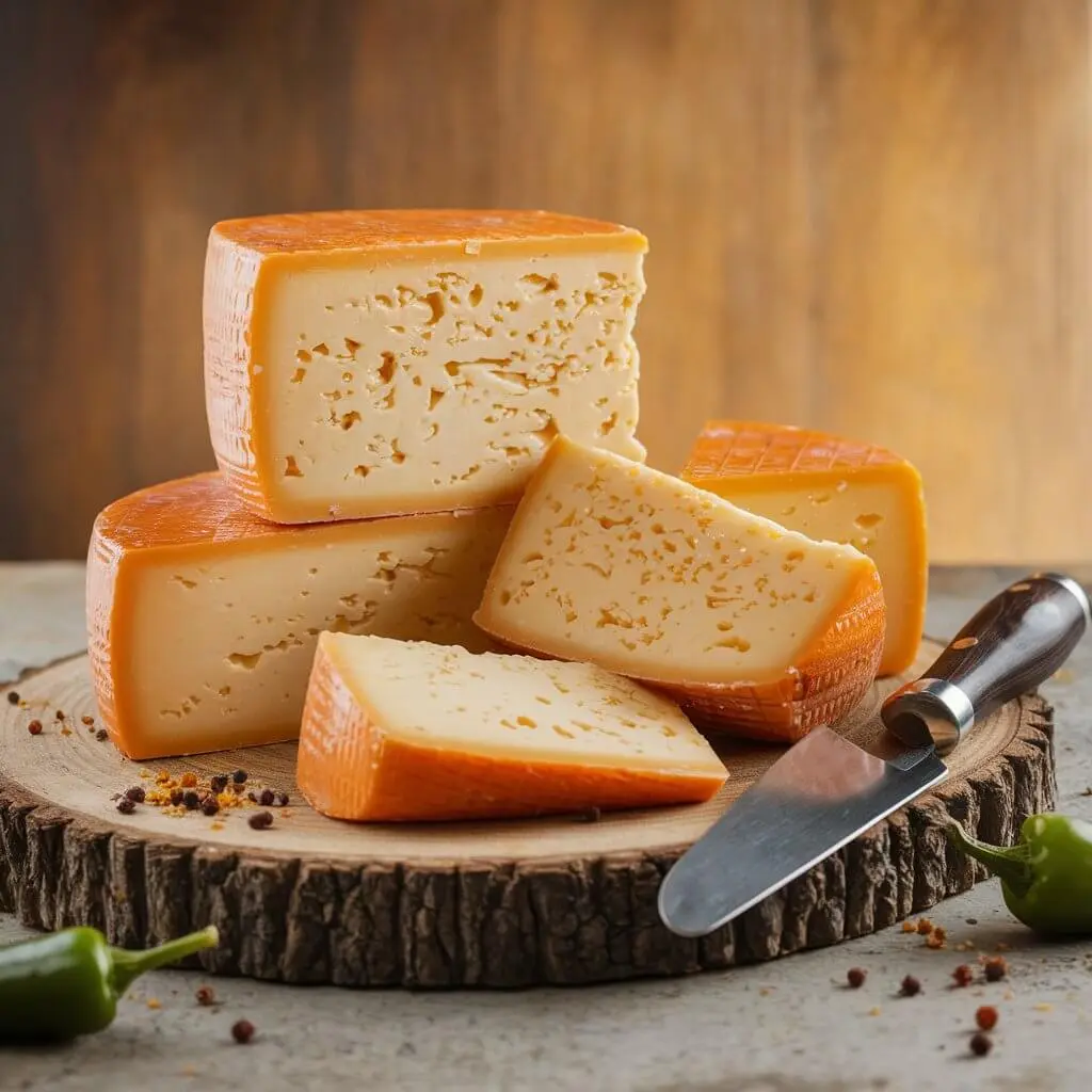 A block of Pepper Jack cheese with several slices cut, showing its creamy texture and jalapeño flecks, arranged on a rustic wooden board with a cheese knife and scattered pepper flakes.
