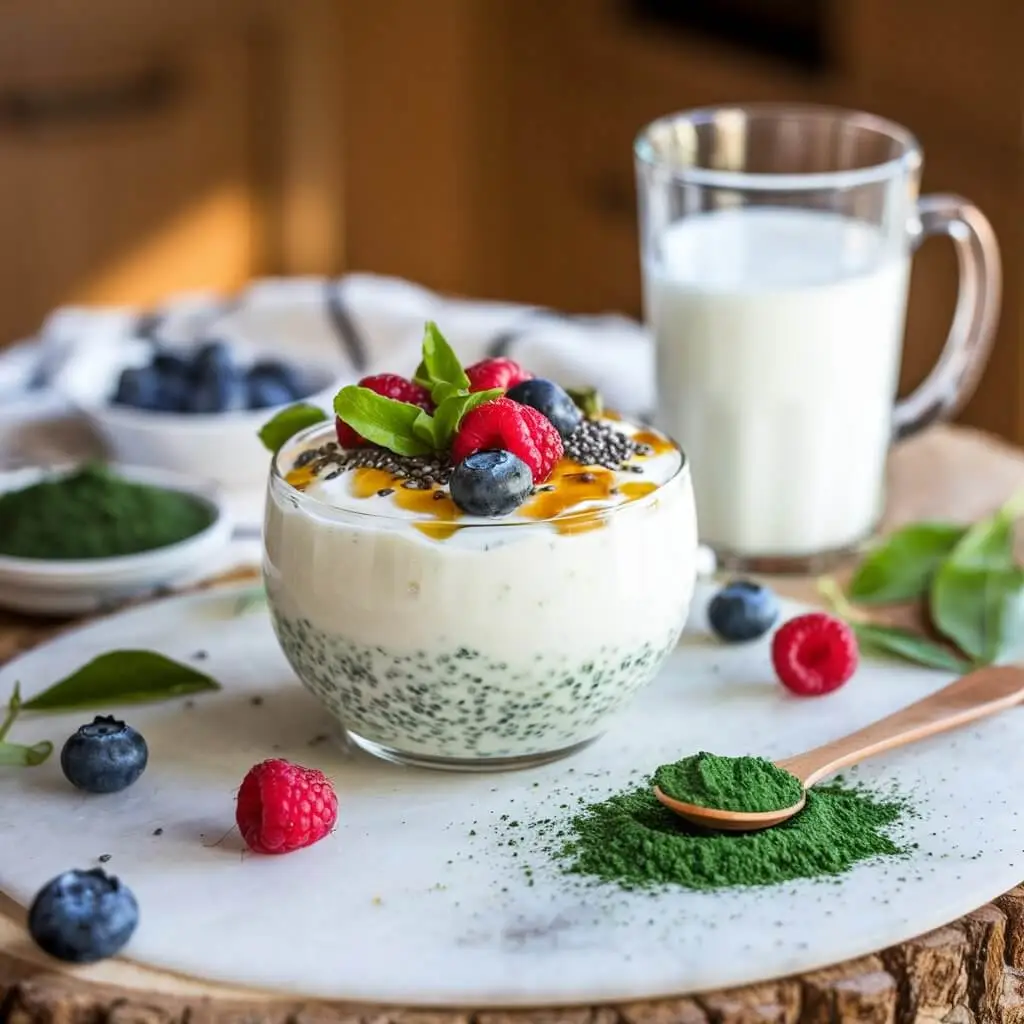 A bowl of almond milk yogurt infused with green spirulina and chlorella algae, topped with fresh berries, chia seeds, and honey, placed on a rustic wooden table with soft natural lighting.