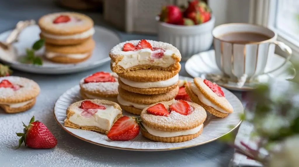 A stack of strawberry cheesecake cookies with a creamy cheesecake filling and fresh strawberry slices, served on a vintage plate with a cup of tea. A cozy, well-lit setting with powdered sugar-dusted cookies and fresh strawberries in the background.