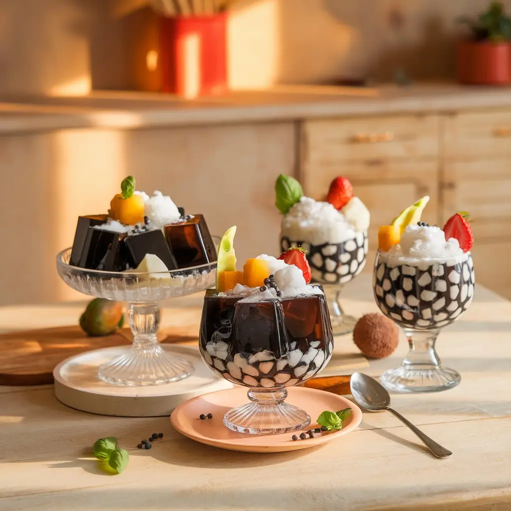 Elegant glass bowls filled with glossy black grass jelly, crushed ice, and fresh fruit garnishes, set on a warm wooden table with natural sunlight streaming in.
