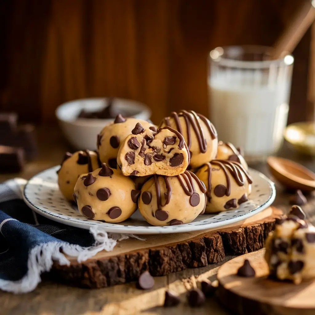 A plate of homemade cookie dough bites studded with chocolate chips, drizzled with melted chocolate, and served on a rustic wooden board. A glass of milk and a bowl of chocolate chips sit in the background, creating a cozy and inviting kitchen scene.