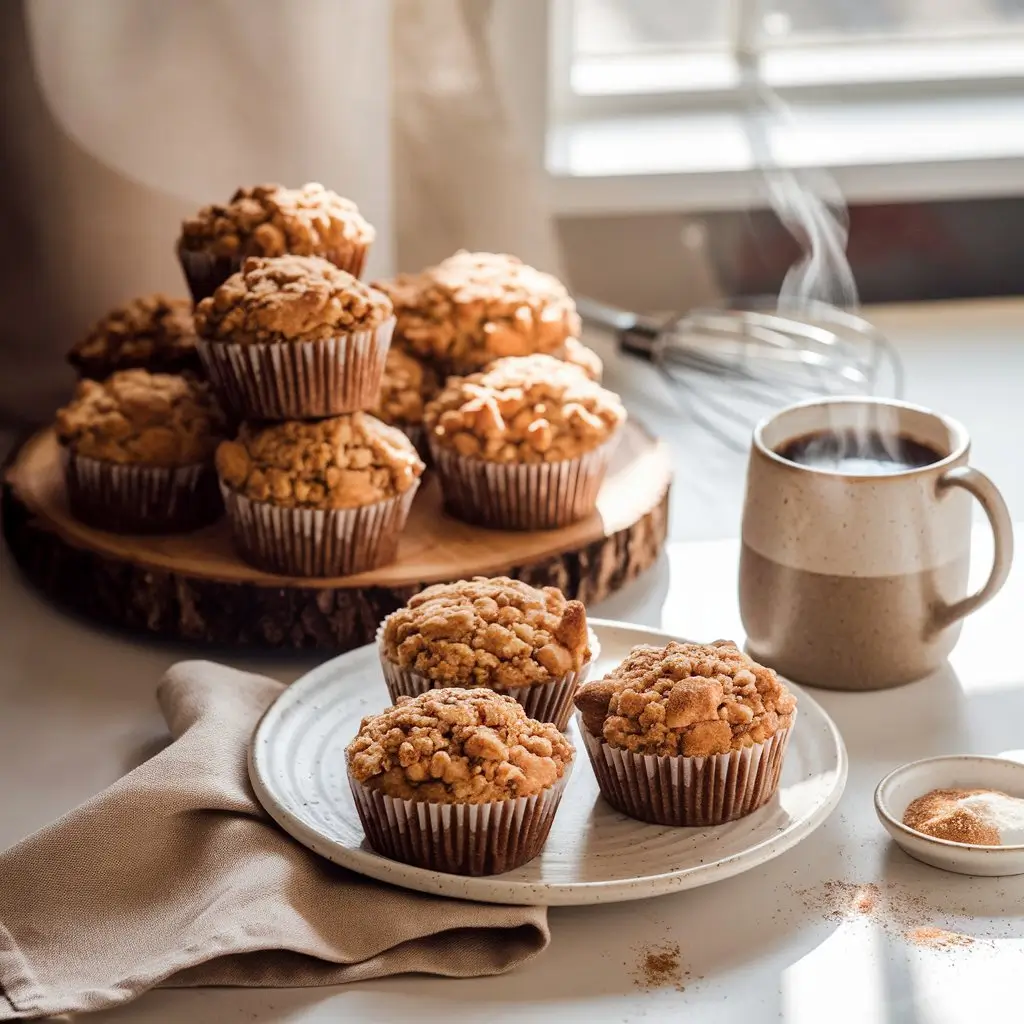 Freshly baked Coffee Cake Muffins with cinnamon streusel topping served with a steaming cup of coffee in a cozy morning setting.