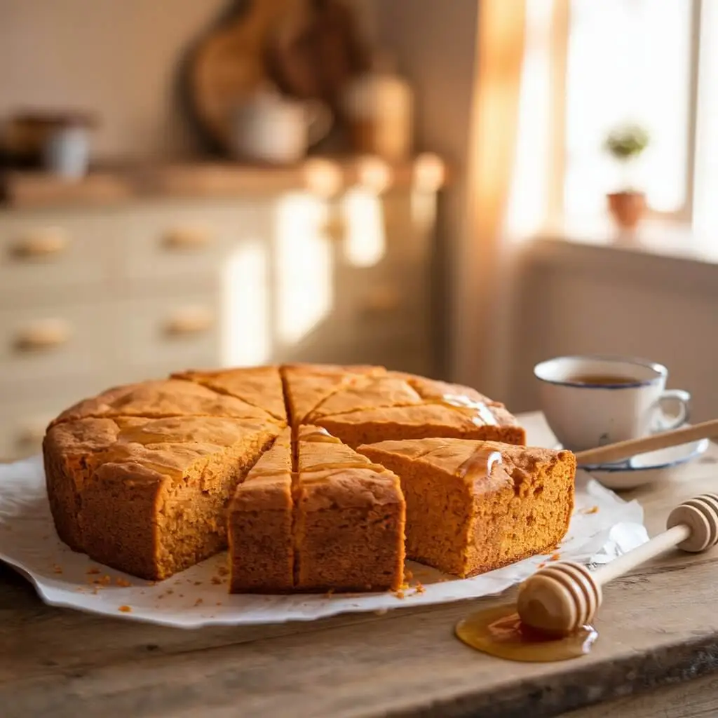 A freshly baked Sweet Potato Cornbread, sliced and ready to serve, placed on a rustic wooden table with a drizzle of honey and a cup of coffee in a cozy, sunlit kitchen.