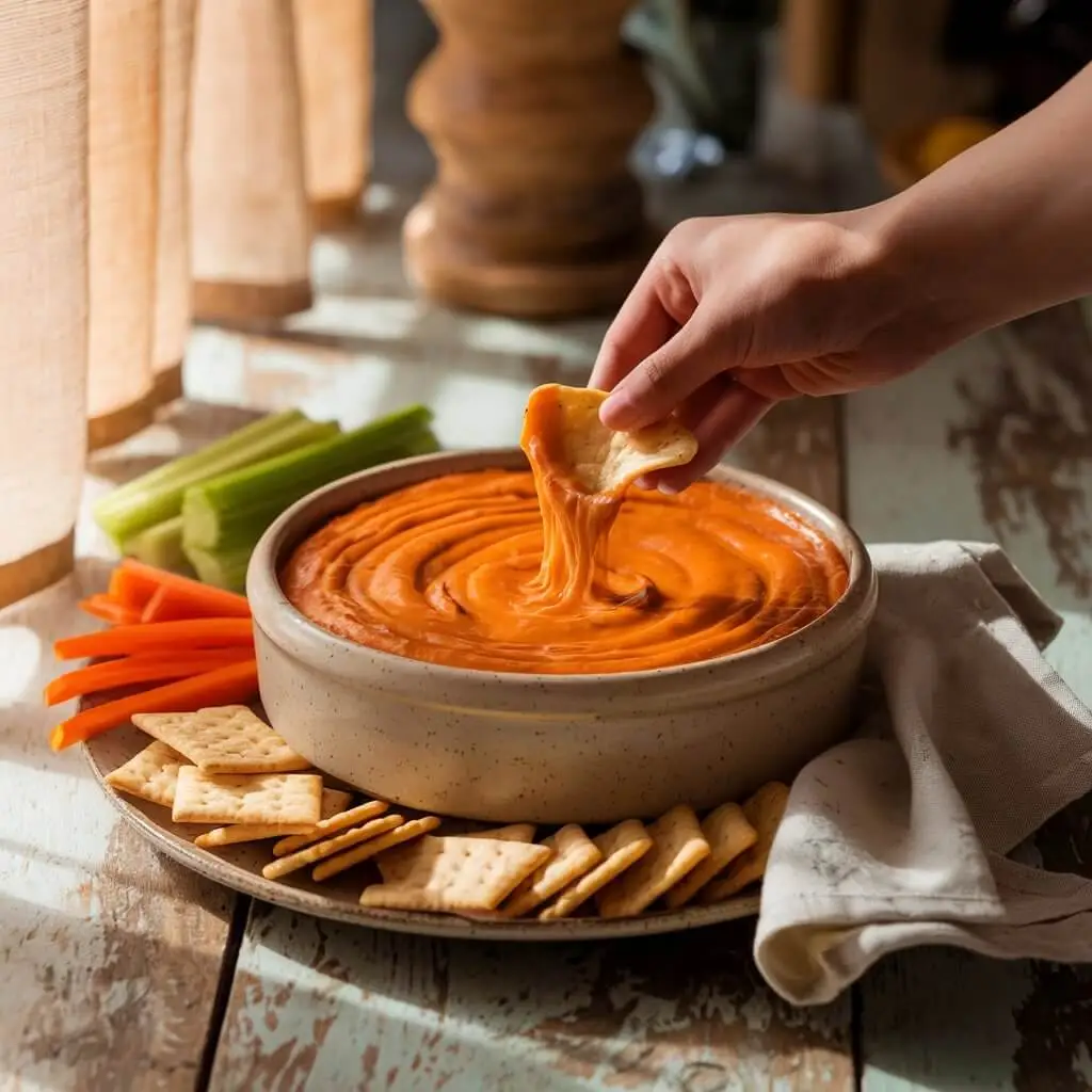 A creamy Rotel dip recipe served in a rustic beige ceramic bowl, with a crispy cracker being dipped in, creating a gooey cheese pull. The dip is surrounded by fresh-cut celery, carrot sticks, and assorted crackers on a wooden table bathed in warm, natural light.