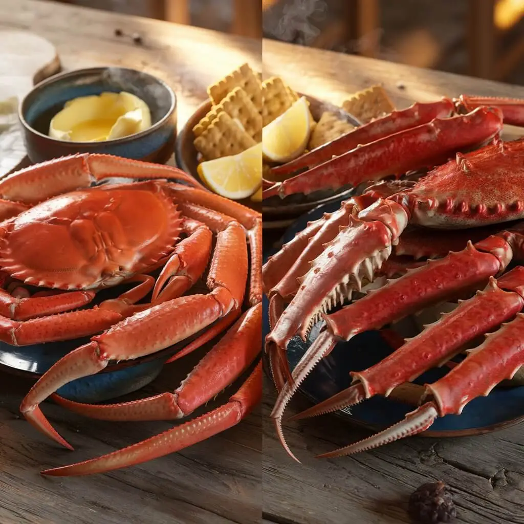 A side-by-side display of snow crab legs and king crab legs on a rustic wooden table, with melted butter, lemon wedges, and seafood crackers in the center. The snow crab legs are slender and orange-red, while the king crab legs are thick, spiny, and deep red, with a warm, natural lighting setting.