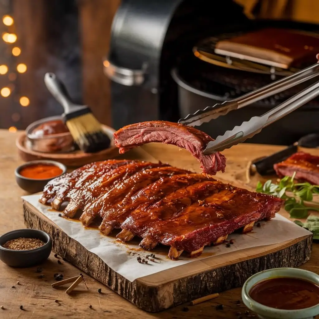 Juicy, fall-off-the-bone beef back ribs glazed with BBQ sauce, served on a rustic wooden cutting board. A pair of tongs lifts a tender rib, revealing the perfect smoke ring and rich caramelized bark. In the background, a smoker, basting brush, and bowls of BBQ sauce complete the authentic BBQ setting.