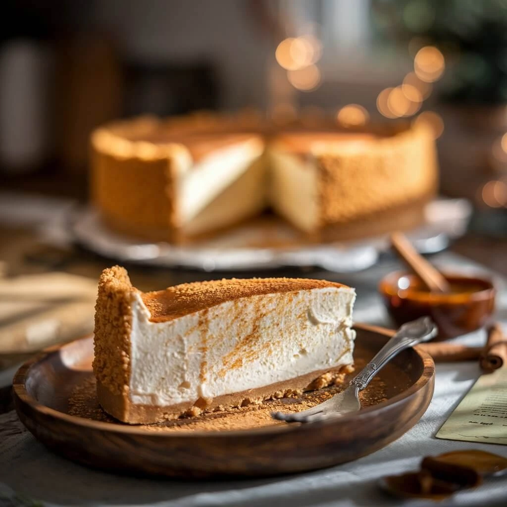A beautifully styled slice of churro cheesecake on a rustic wooden plate, showcasing its crispy cinnamon-sugar crust and creamy filling, with a cozy kitchen backdrop featuring cinnamon sticks and caramel sauce.