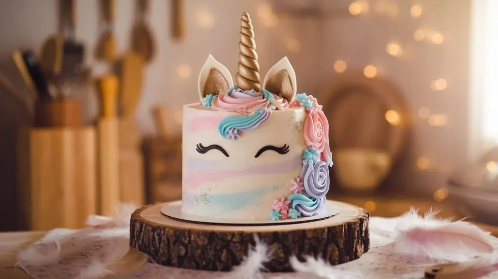 A beautifully decorated unicorn cake with pastel buttercream swirls, a golden fondant horn, and delicate fondant ears, sitting on a rustic wooden cake stand. Soft feathers and warm fairy lights create a dreamy, magical ambiance in a cozy kitchen setting.