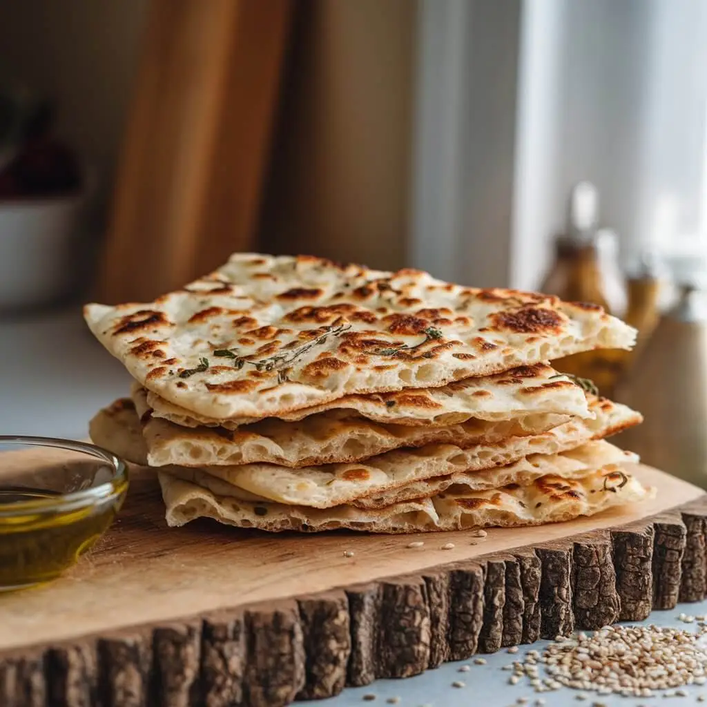 A stack of golden brown cottage cheese flatbreads on a rustic wooden cutting board, with crispy edges and a soft, chewy texture, garnished with herbs and sesame seeds, served with a small dish of olive oil in a warm, cozy kitchen setting.