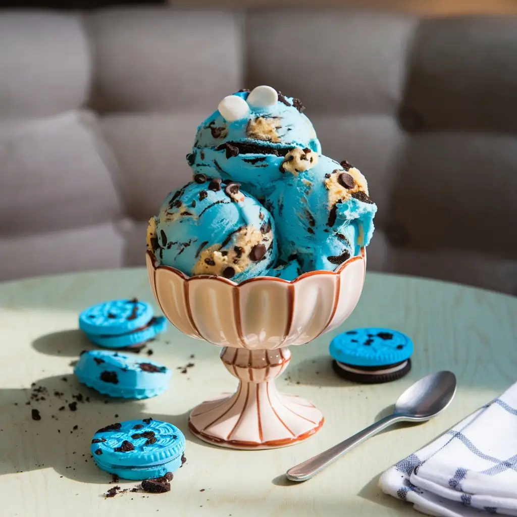 A bowl of vibrant blue Cookie Monster Ice Cream, topped with chocolate chip cookie chunks and crushed Oreos, sitting on a wooden table with a spoon and extra cookies beside it. The creamy texture and fun colors make this dessert look irresistible.