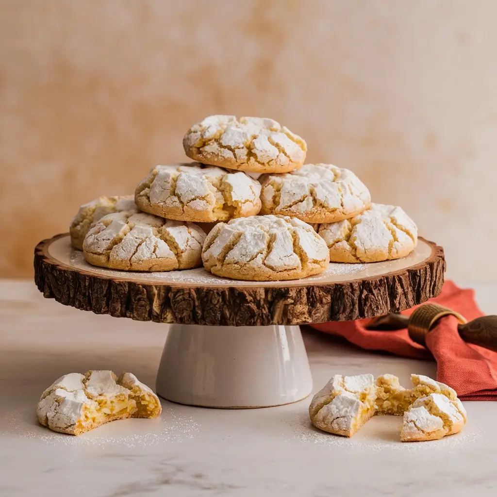 A stack of Cool Whip Cookies with a crinkled powdered sugar coating, displayed on a rustic wooden cake stand. Two broken cookies in the foreground reveal their soft and airy interior, with a warm beige-toned background and a red-orange napkin for a cozy, inviting touch.